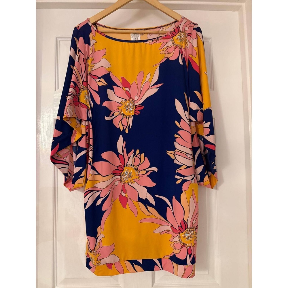 Trina Turk Womens Floral Split Flutter Sleeve Mini Dress Tunic Blue Pink Large